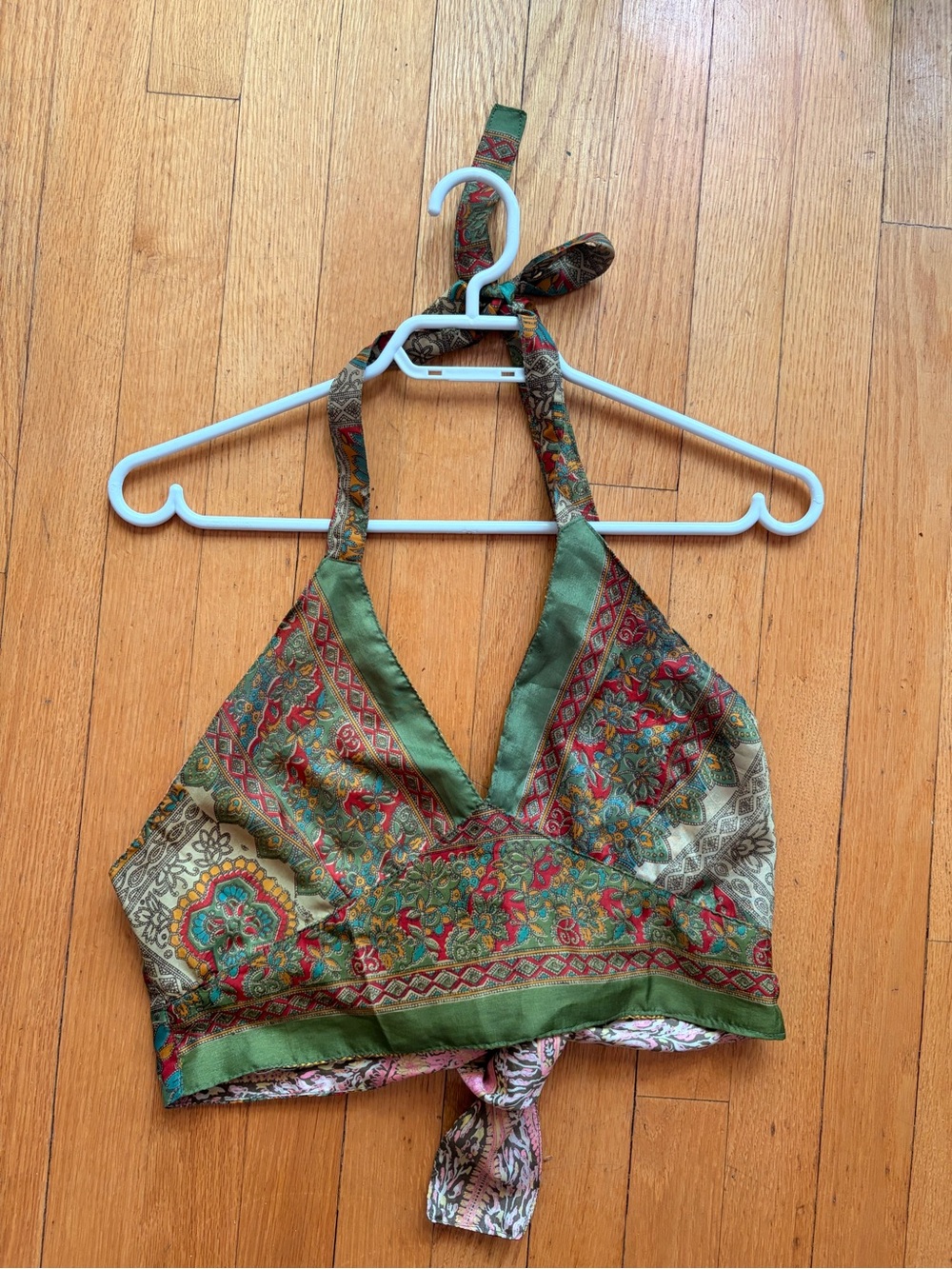 Vintage Reversible Green Multicolor Paisley Halter Crop Top - Picture 3 of 4